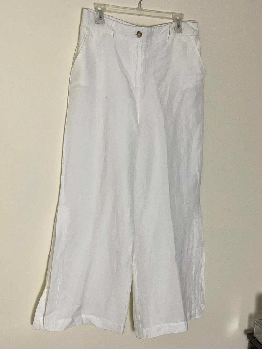 Boston Proper White Wide-Leg Cotton-Linen Chinos Side Slit